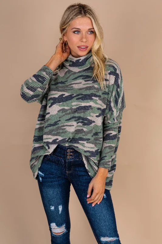 You'll Be Ok Green Camo Turtleneck Waffle Top