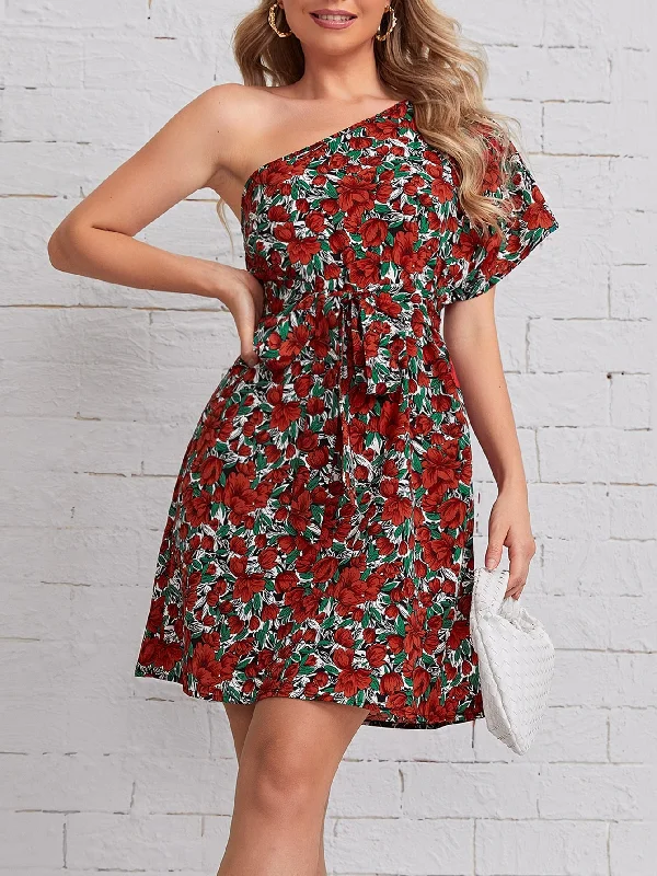 All Over Print Belted Short Sleeve One Shoulder Straight High Waist Short Dress