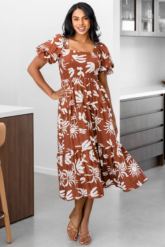 Final Sale | Farrah Midi Dress Bora Print Dark Tan