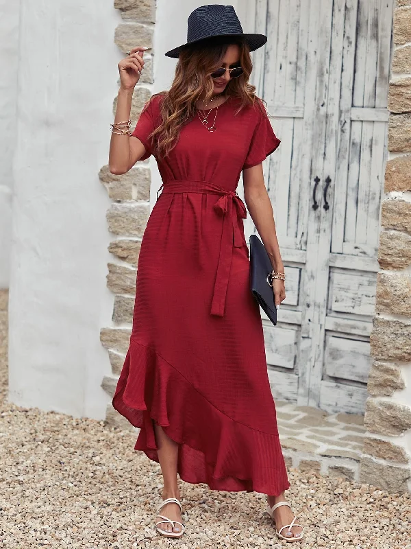 Plain Belted Short Sleeve Round Neck Asymmetrical High Waist Maxi Dress