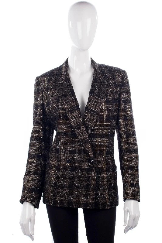 Jaeger Vintage Jacket Black with Gold and Silver Check Design Size 14