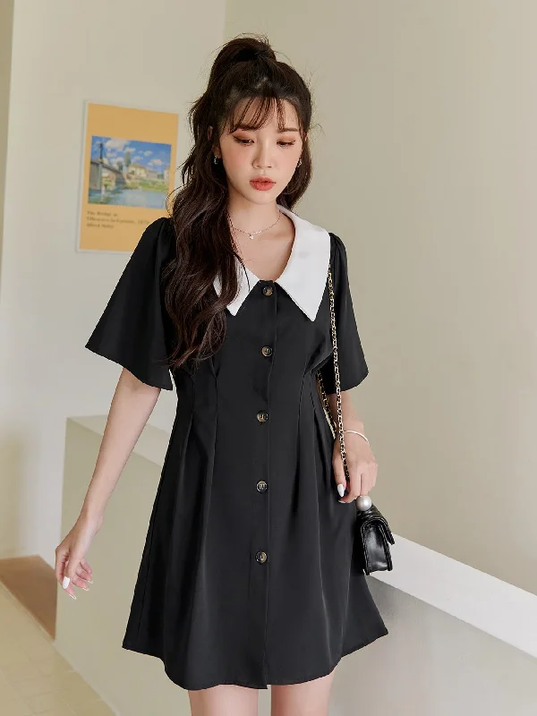 Colorblock Button Front Short Sleeve Peter Pan Collar Straight High Waist Short Dress