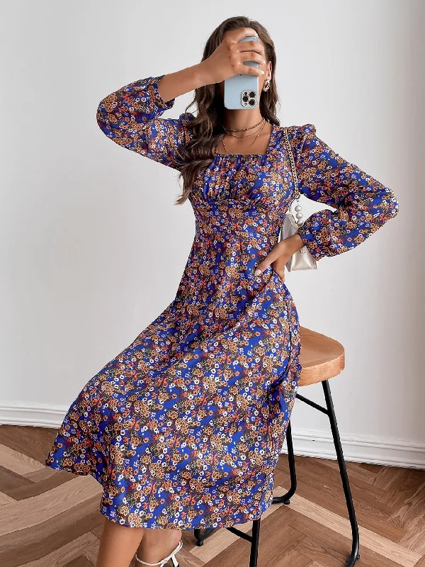 Ditsy Floral Ruched Bust Long Sleeve Square Neck Flared High Waist Midi Dress