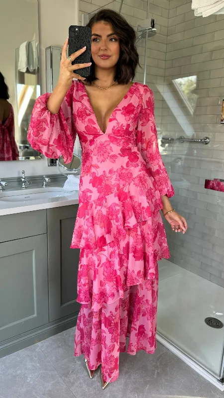 Mariah Pink Floral Tie Back Long Sleeve Tiered Maxi Dress