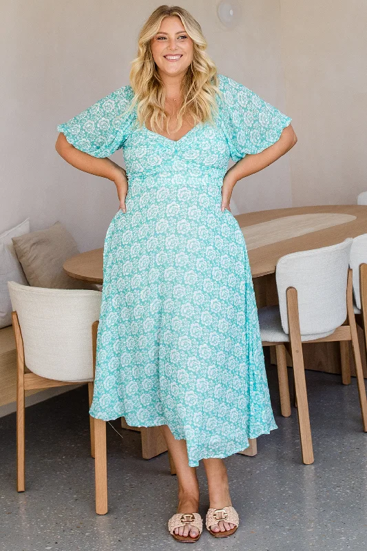 Final Sale | Seraphina Midi Dress Sea Green Dahlia Print