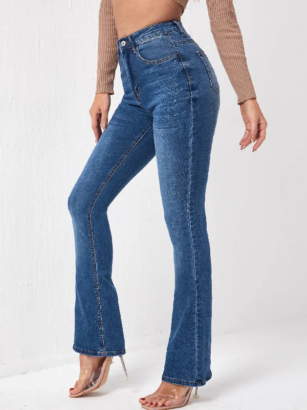 Plain Zipper Natural Long Women Jeans