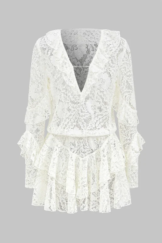 Lace V-Neck Long Sleeve Ruffle Mini Dress