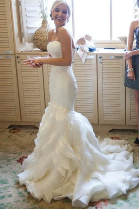 Strapless Mermaid Sweetheart Ruffles Sweep Train Organza Satin Wedding Dress