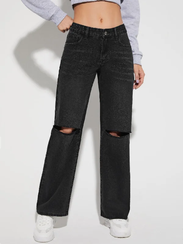 Plain Zipper Natural Long Women Jeans