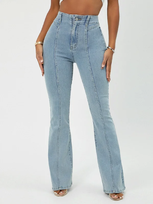 Plain Zipper High Waist Long Women Jeans