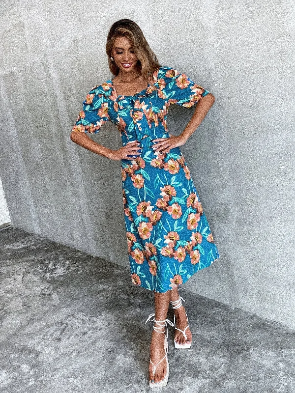 All Over Print Bow Short Sleeve Square Neck Flared High Waist Midi Dress