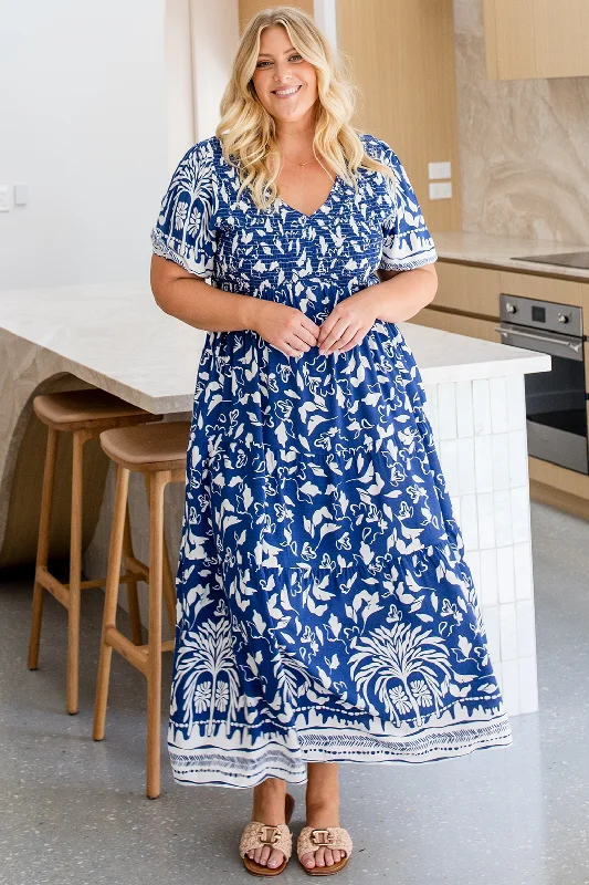 Final Sale | Caris Midi Dress Mahalo Print Navy White