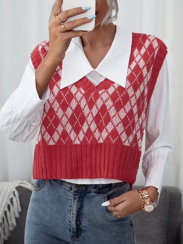 Casual Geometric Split Long Sleeve Peter Pan Collar Women Sweater Co-Ords