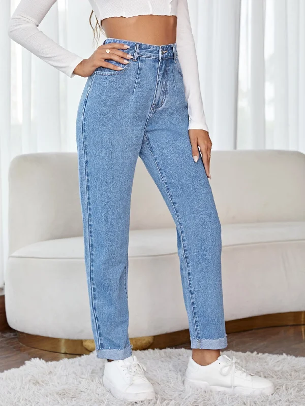 Plain Zipper High Waist Long Women Jeans