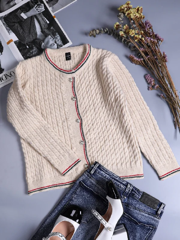 Casual Striped Button Front Long Sleeve Round Neck Regular Women Cardigan