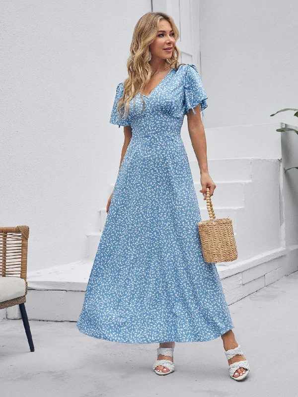 Ditsy Floral Split Short Sleeve V Neck Flared High Waist Maxi Dress