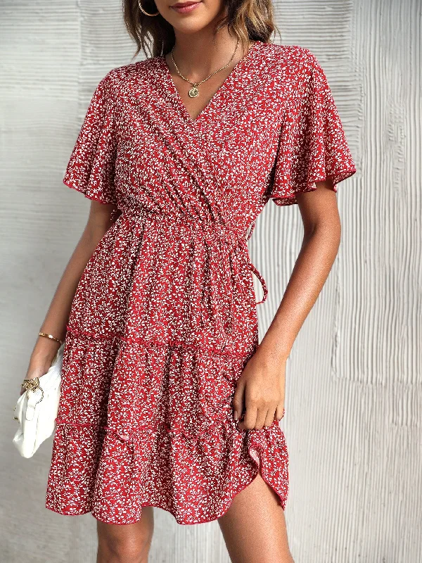 All Over Print Belted Short Sleeve V Neck Layered/Tiered High Waist Short Dress