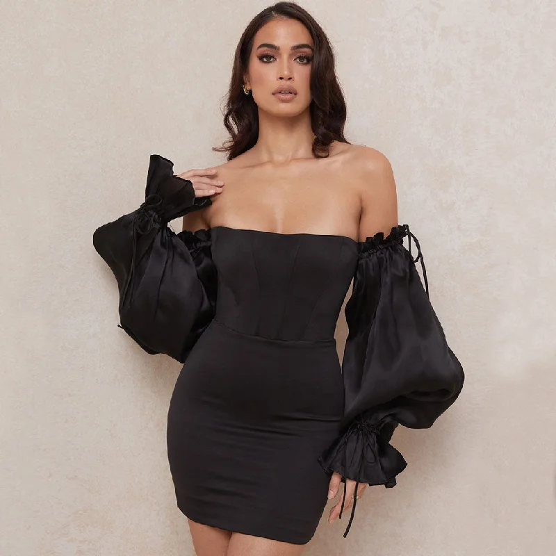 BerryBetty - Cute Off Shoulder Puff Sleeve Bodycon Party Mini Dress - Black