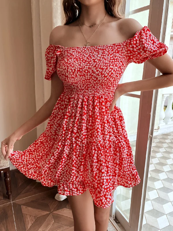 Ditsy Floral Shirred Short Sleeve Off The Shoulder High Waist Short Dress