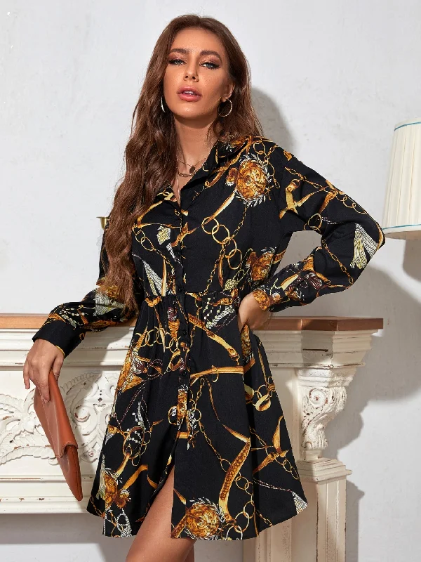 Chain Print Button Front Long Sleeve Collar Flared High Waist Short Dress