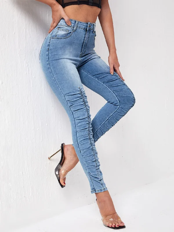 Plain Zipper High Waist Long Women Jeans