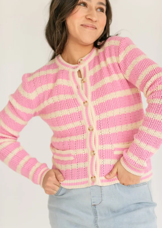 Edolie Pink Striped Button Up Cardigan