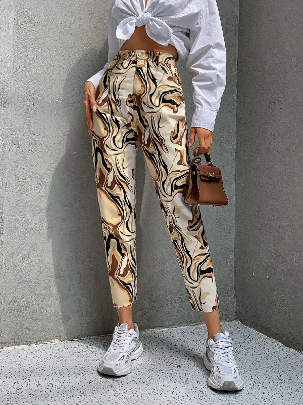 Casual Marble Button High Waist Cropped Women Pants Traditional Women's Wool