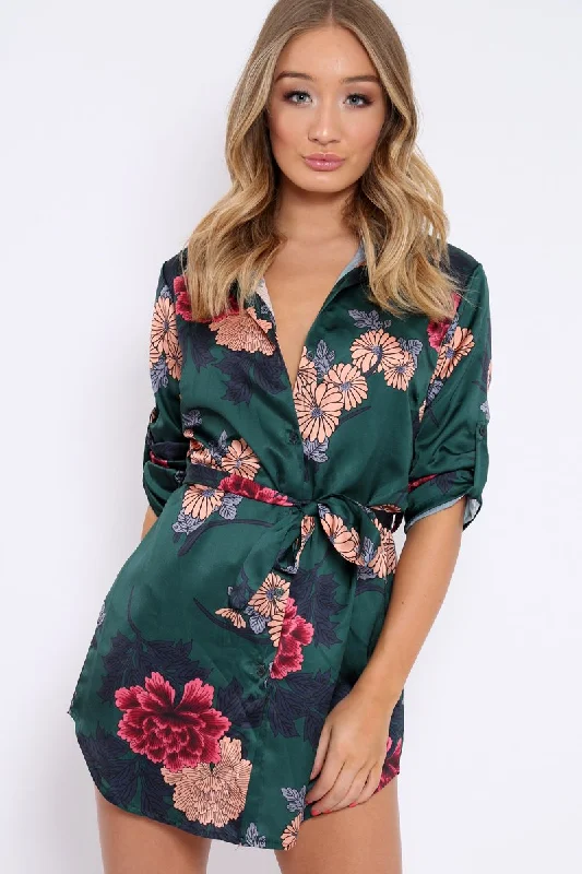 Green Floral Satin Shirt Tie Dress - Sophina