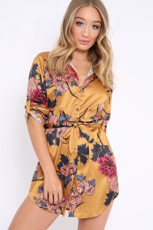 Mustard Floral Satin Shirt Tie Dress - Sophina