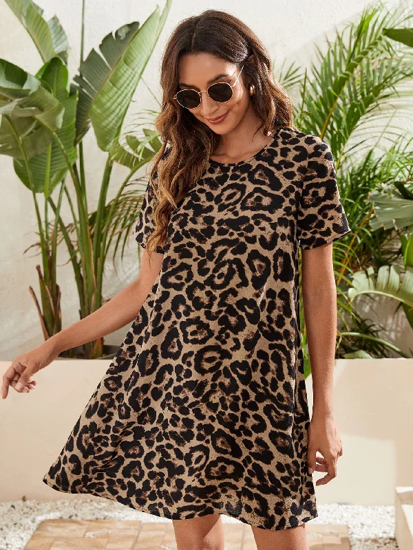 Leopard Short Sleeve Round Neck Straight Short Dress