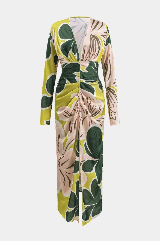 Abstract Floral Print Long Sleeve Ruched V-Neck Maxi Dress