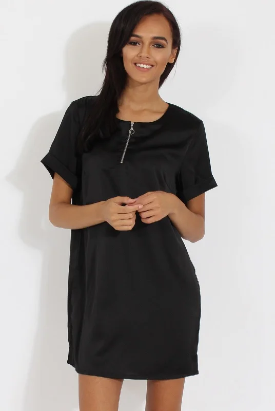 Black Satin Zip Tee Dress - Valeria