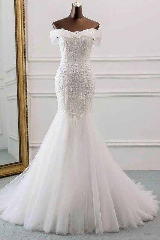 Bridelily Off Shoulder Appliques Tulle Mermaid Wedding Dress