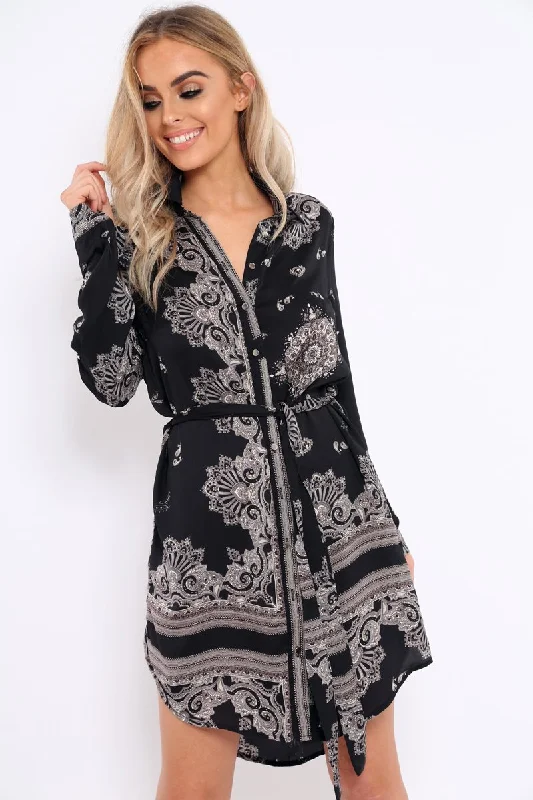 Black Satin Paisley Print Button Front Shirt Dress - Hailie