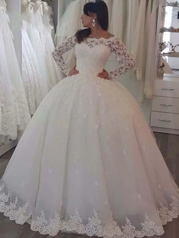 Elegant Bateau Long Sleeves Lace Ball Gown Wedding Dresses