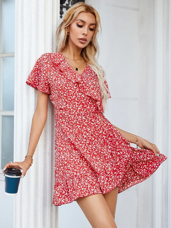 All Over Print Wrap Short Sleeve V Neck Wrap High Waist Short Dress