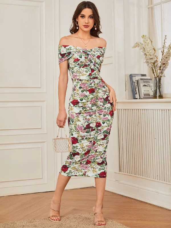 Floral Twist Short Sleeve Off The Shoulder Pencil High Waist Long Dress