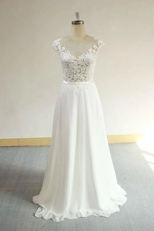 Bridelily Cap Sleeve Appliques Chiffon A-line Wedding Dress