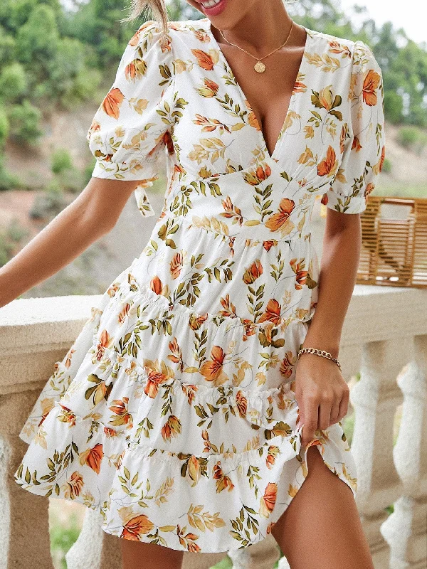 Plants Tie Back Short Sleeve Deep V Neck Flounce High Waist Short Dress