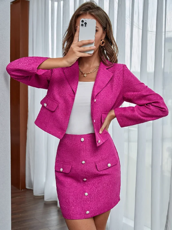 Plain Button Front Long Sleeve Lapel Women Suit Set