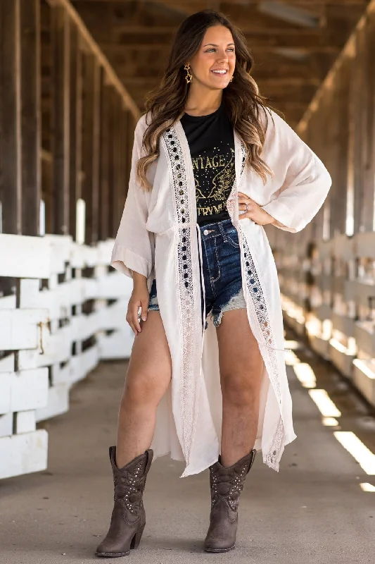 Beige Crochet Trim Duster Length Kimono