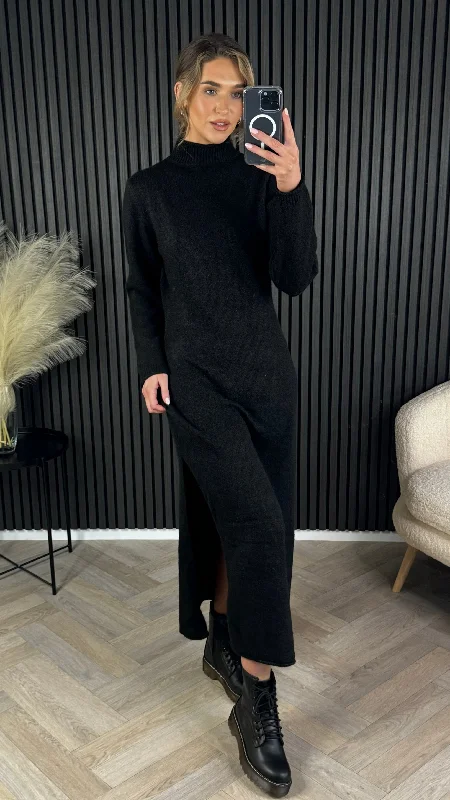 Kelly Black Turtle Neck Knit Jumper Midi Dress