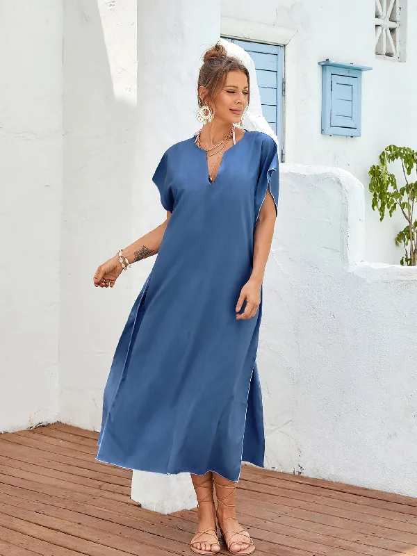 Plain Split Thigh Short Sleeve Notched Slit Natural Long Dress