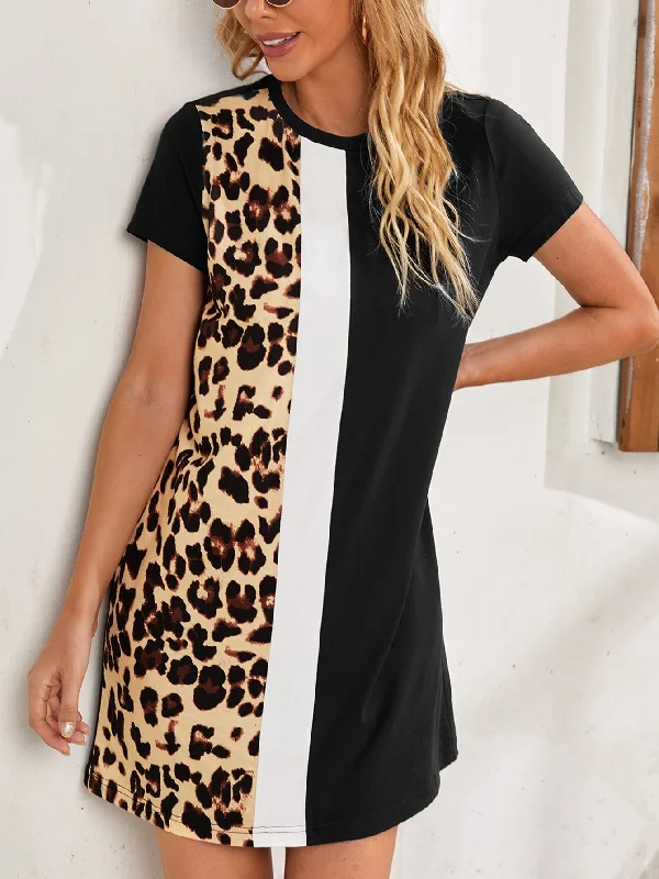 Leopard Short Sleeve Round Neck Straight Natural Short Womens Dress