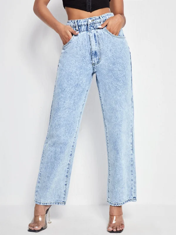 Plain Paper Bag Waist High Waist Long Women Jeans