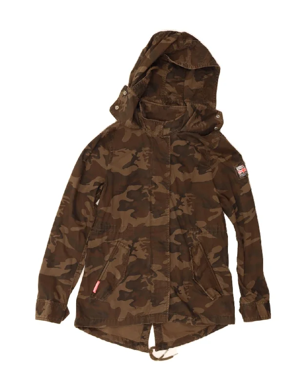 SUPERDRY Womens Hooded Military Jacket UK 14 Medium Brown Camouflage Army