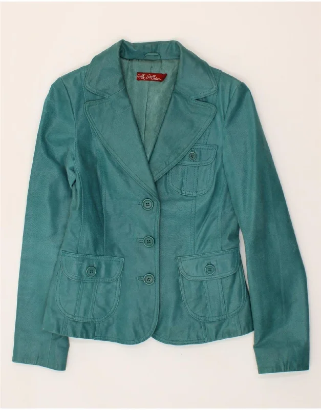 VINTAGE Womens 3 Button Leather Blazer Jacket UK 10 Small Green Leather