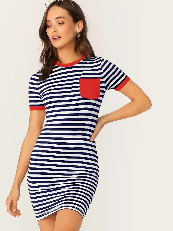 Striped Contrast Binding Short Sleeve Round Neck Natural Short Dress