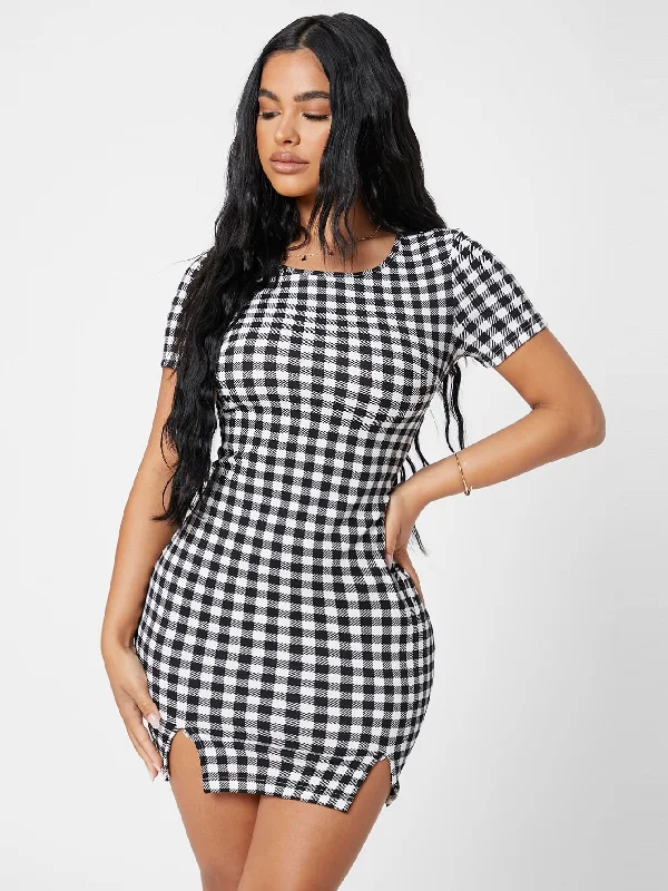 Gingham Split Short Sleeve Round Neck Pencil Natural Mini Dress