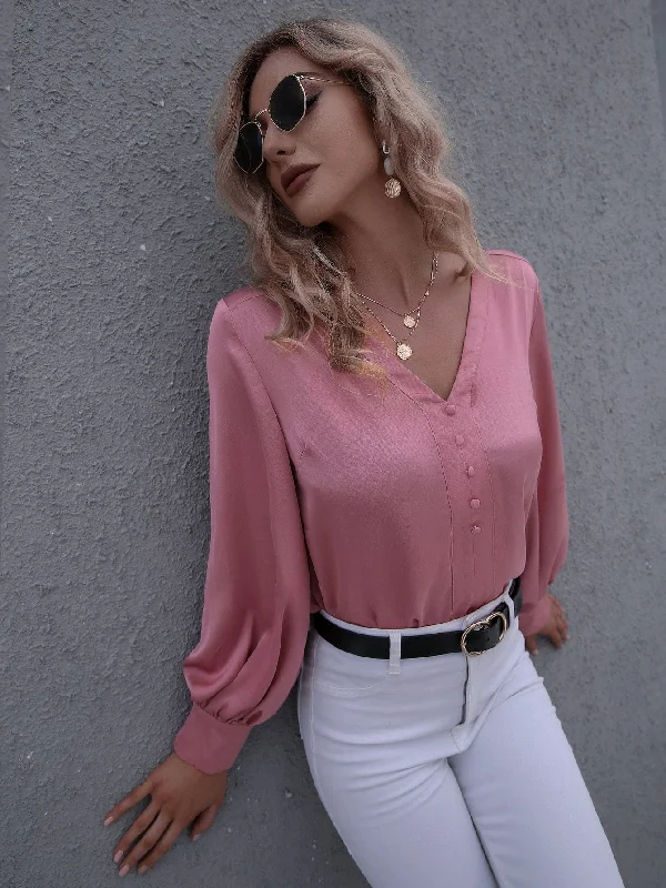 Elegant Plain Button Front Long Sleeve V Neck Asymmetrical Long Blouse